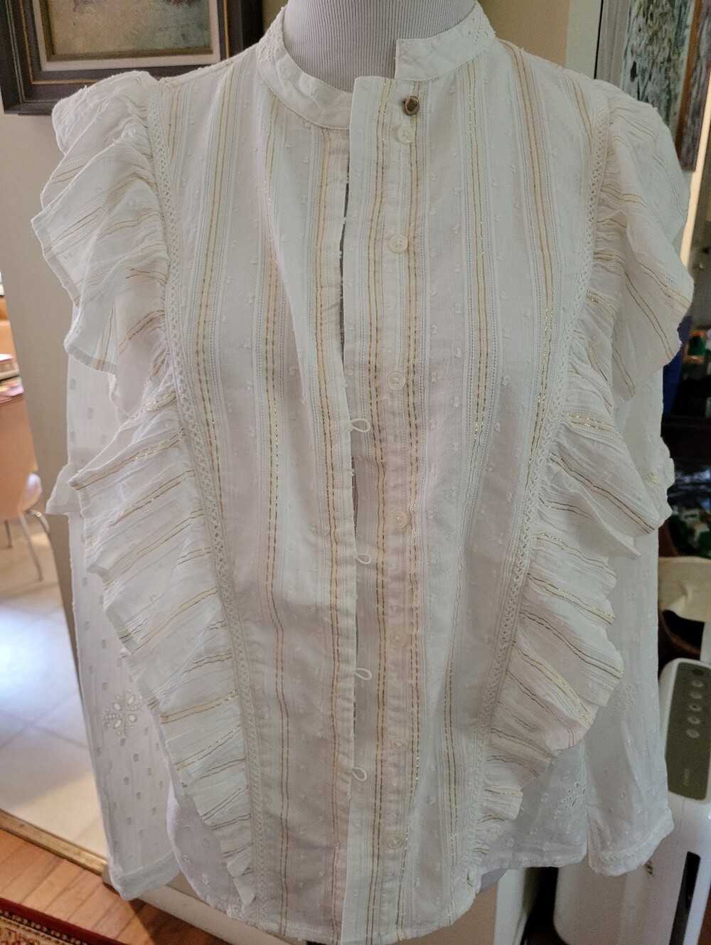 Ruffled Front And Sleeve White Mandarin Collar Shirt